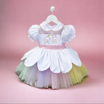0-12Y Baby Dekle Poletje Mavrica turške Vezenine Letnik Lolita Princess Obleke Žogo Belo Obleko za Rojstni dan HolidayEaster Eid