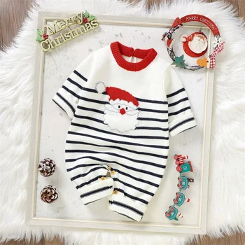 0-18 M Baby Girl Boy Božič Pulover Jumpsuit Santa Claus Prugasta Dolg Rokav Romper Božič Obleke