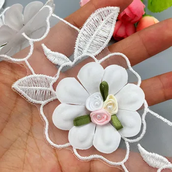 10x Pisane Rose Pearl Beaded Cvet Čipke Trim Vezen 3D Cvetje Našitki Traku Poročna Obleka, Obleke Šivanje Aplicirano