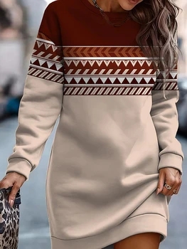 2023 Jeseni in Pozimi Moda Nov Slog Pulover Dolgo Obleko Žensk Natisnjeni Vzorec Barvno Ujemanje Toplo Zgosti Pulover