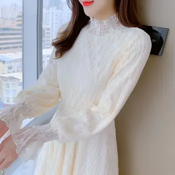 A-linija Obleka Ženske Ruffles Flare Rokav Čiste Barve korejski Slog Prosti čas College Pomlad Počitnice Midi Ponudbe Vestidos Mujer V291