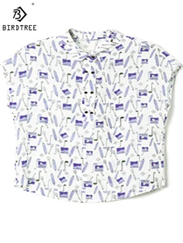 Birdtree 100% Realno Svile Ženske Print Majica Svoboden Vrhovi Elegantne Majice Za Ženske, Kratek Rokav Poletje Priložnostne Bluzo T37046