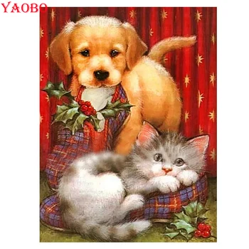 Diy krog Diamond Slikarstvo Vroče prodajo Božični Večer mačka in pes Poln kvadrat Nosorogovo Slike Diamond mozaik navzkrižno šiv