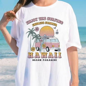 Hawaii Potovanje Plaži Majica S Kratkimi Rokavi Ženske Prevelik Letnik Tropskih Graphic T-Majice Hipi Boho Surf Tshirts Lepe Poletne Počitnice Vrhovi