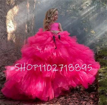 Hot Pink Luksuzni Cvet Dekleta Obleke 2023 Princesa Zabuhle Otroci Poroka Stranka Obleko A-Line Krasen Lok Dolgo Dekle, Princesa Oblek