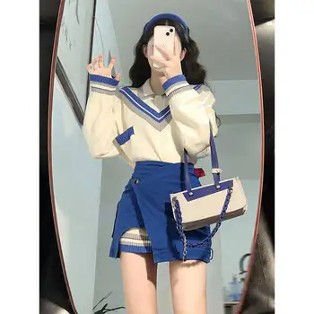 Korejski Preppy Stil Pletene Obleke Z Dolgimi Rokavi V-Vratu Jopica Modra Nezakonitih Mini Krila Dva Kosa Določa Študent Kawaii Oblačila