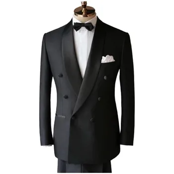 Kostum Homme Business Black Moške Obleke Slim Fit 2 Kosa Šal River Poroko Ženina Oblačila Obleko Priložnostne Vsakodnevno Nastavite Jopič Sopihanje