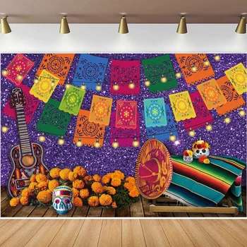 Mexican Fiesta Fotografija Ozadje Za Vijolično Dan Mrtvih Oseb Ozadju Cinco De Mayo, Pisane Zastave Počitnice Steno Banner