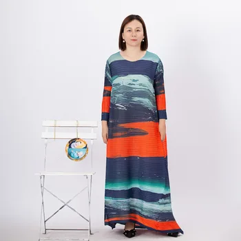 Miyake Naguban Elegantna Oblačila 2023 Debelo Nove tiskalne Obleko okoli Vratu Dolg Rokav Temperament Dolge Obleke za Ženske