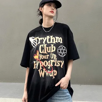 Moda Bombaž Grafiti Ulica Grafični T shirt Ameriški Harajuku osebnost Moških in Žensk, Hip Hop Retro Prevelik majica s kratkimi rokavi