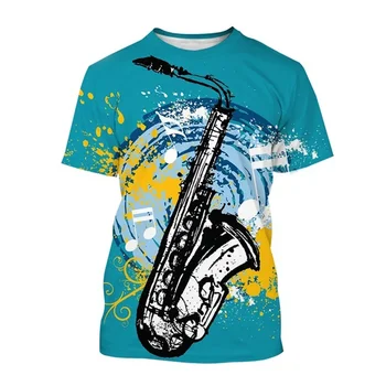 Nove Moške Ulica Priložnostne Glasbe Element 3D T-shirt Hip-Hop Saksofon Vzorec Tiskanja Vrhovi Modni Trend Lep Krog Vratu Oblačila