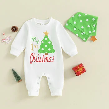 Novorojenček Dojenček Fant Dekle Moje 1. Božič Obleko z Dolgimi Rokavi Drevo Pismo Print Majica Romper Klobuk 2Pcs Set