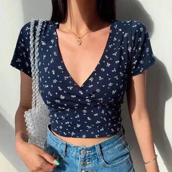 Poletje francoske Retro Cvetlični Proti-vrat Kratki rokavi T-shirt Slim Hujšanje Wld Visoko Pasu T-shirt ženski Top