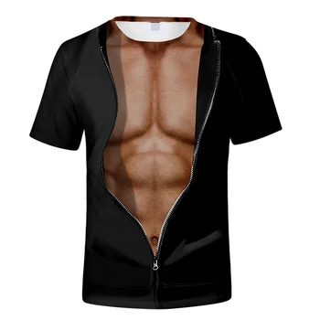 Poletje Hip Hop Humoreska za Moške 3D Natisnjeni T-shirt Bodybuilding Simulacije Mišic Tatoo Kratek Rokav O Vratu Velikosti Trend Vrh