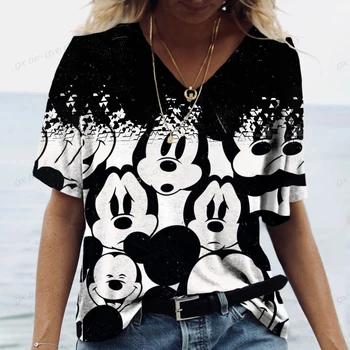 Poletje Nova Moda za Ženske V-neck Top Kratek Rokav T-shirt Disney Mickey Mouse Tiskanja Priložnostne Ulica Vsestranskost Y2K Oversize-5XL