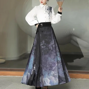 Pomlad Jesen Vintage Moda za Ženske je iz High Street Eleganten Dolg Rokav Gumb Majico in Kitajski Slog Vezna Tiskanje Krila