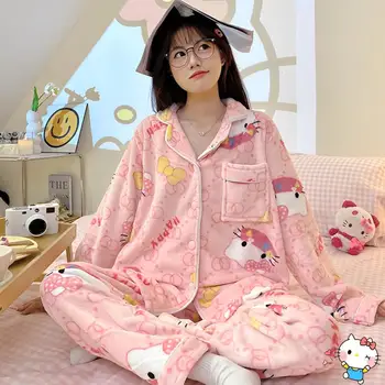 Risanka Sanrios Hello Kitty Koralami Žamet Sleepwear Jeseni, Pozimi Toplo, Udobno Plišastih Sleepwear Srčkan Gospodinjski Oblačila