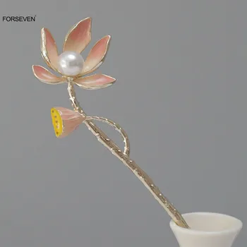 Roza Cvet Lase Palice Vilice Novi Kitajski Slog Lotus Flower Biseri Lasnice Posnetke Zlati Zlitine Headpieces Ženske, Nakit Za Lase