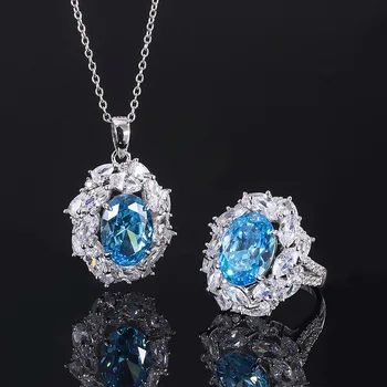 S925 Sterling Silver Blue Visoko Vsebnostjo Ogljika Diamond Luksuzni Nakit Set Za Ženske, Ogrlico, Obesek, Prstan Brezplačna Dostava Obletnico Darilo