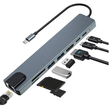 Večfunkcijsko 8-v-1 Tip C Hub Gigabit Ethernet Hub Razširitveno Postajo USB C Hub Pristanišč Splitter Podpora Za SD/TF Card Reader