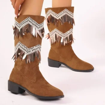 Vintage Rese Močen Petah Vitez Škornji Ženske Jeseni Mode Rjava Zahodni Čevlji Ženska Zahodni Kavbojski Škornji Plus Velikost 43