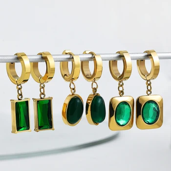 Vintage Zeleno Kristalno Geometrijske Obesek Piercing Uhan Zlata Barva Nerjavnega Jekla Huggie Hoop Uhani za Ženske, Nakit