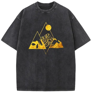 Zlati Gorskih Živali Moške Kratke Oplaščeni T-shirt 230 g Bombaž Moda Oprati T-Shirt Letnik Poletni Beljene Tshirt Vrhovi