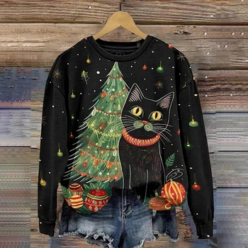 Ženska Božična Tiskanje Hoodies Dolgimi Rokavi Pulover Vrh Bluzo Grda Mačka Tiskanja Površniki Korejski Sweatshirts Priložnostne Ulične