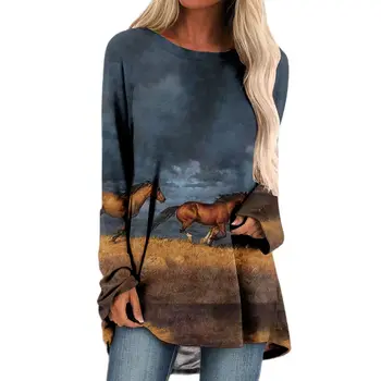 Ženske Konj Gambar Cetak 3D Tiskanje Ramo Dolžine Rokavi Tshirt Priložnostne Svoboden O-Vratu T-majice Ženske Vrhovi Velikosti
