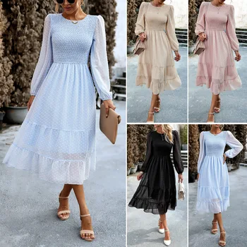Ženske Obleke za Ženske z Dolgimi Rokavi Maxi Obleko 2023 Jeseni Temperament Elegantna Barva Obleko Priložnostne Stranka Oblačila Vestidoes