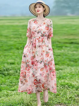 Ženske Poletne Priložnostne Obleko Nov Prihod 2024 Vintage Stilu, Proti-vrat Cvjetnim Tiskanja Svoboden Ženski Bombaž Perilo Dolge Obleke vede h187